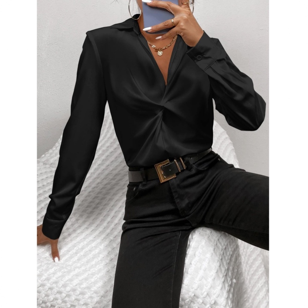 Twist Front Black Office Shirt Long Sleeve Collar Neckline V-Neck - Picture 5 of 8